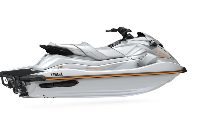 Slide: The Image of 2026 Yamaha WaveRunner GP HO in sleek silver design, side view. - 2