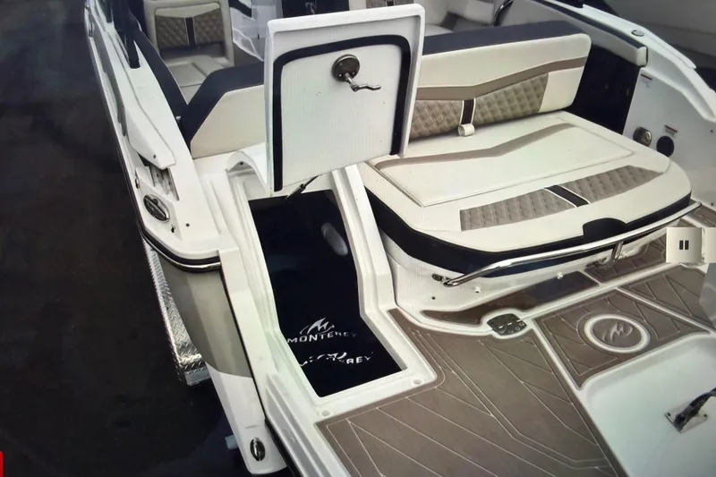 Slide: The Image of 2024 Monterey 255SS Super Sport boat interior with stylish seating and modern design. - 13