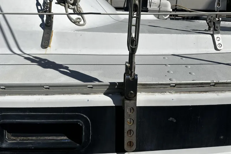 Slide: The Image of Close-up of 1975 Morgan Out Island 51 sailboat deck with rigging details. - 65
