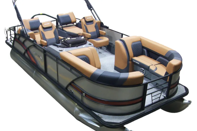 Slide: The Image of 2026 Sylvan L-1 LZ DH pontoon boat at marina, featuring tan and black seating. - 2