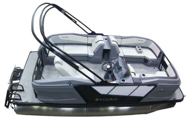 Slide: The Image of 2026 Sylvan A-18 pontoon boat with modern seating and sleek design. - 11