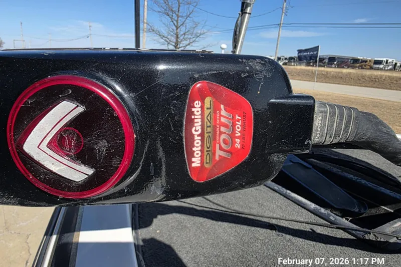 Slide: The Image of Close-up of a MotorGuide Tour trolling motor on a 2000 Skeeter SX180 boat. - 2