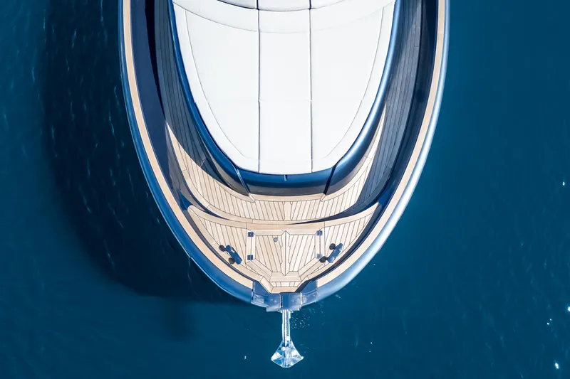 Slide: The Image of Overhead view of 2021 Solaris Power 48 OPEN yacht on blue water. - 14