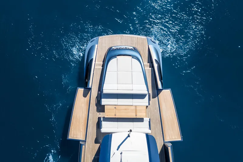 Slide: The Image of Aerial view of 2021 Solaris Power 48 OPEN yacht on blue ocean water. - 30
