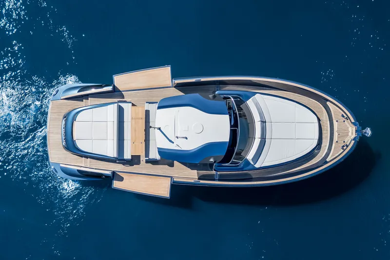 Slide: The Image of 2021 Solaris Power 48 OPEN yacht, aerial view, cruising on blue ocean waters. - 7