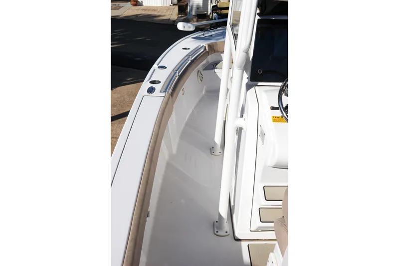 Slide: The Image of 2020 Sportsman Masters 267OE Bay Boat deck with sleek design and modern features. - 8