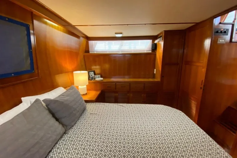 Slide: The Image of Cozy 1986 Heritage East Sundeck yacht bedroom with wood paneling and soft lighting. - 30