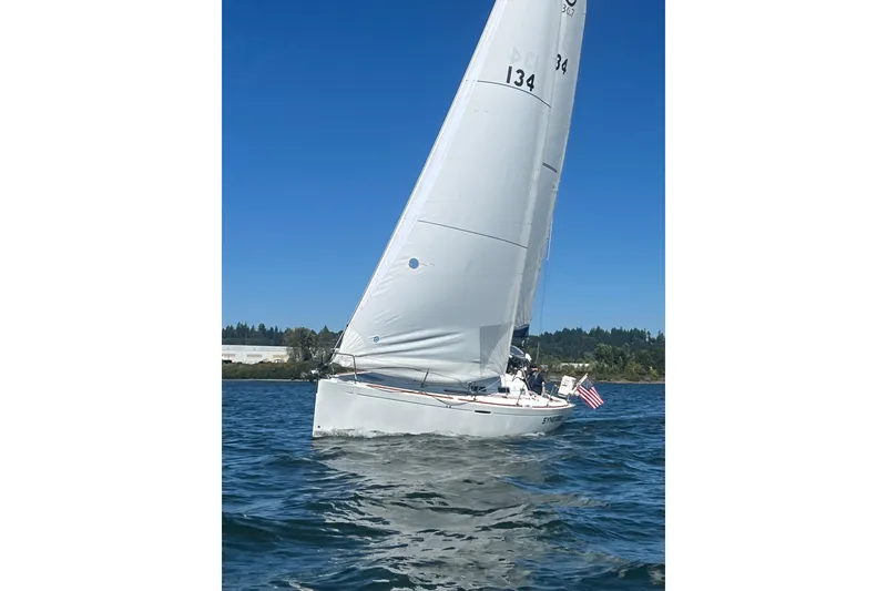 Slide: The Image of 2004 Beneteau First 36.7 sailboat on open water under clear blue sky. - 16