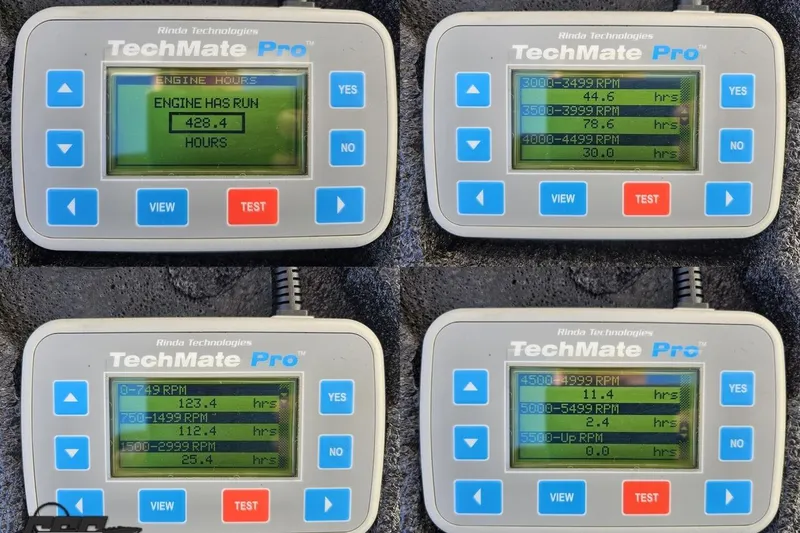 Slide: The Image of Digital display showing engine hours and RPM data for a 2008 Donzi 27 ZR boat. - 107