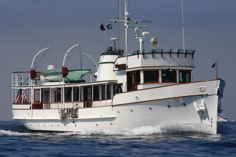 The Image of Classic 1946 J.M. Martinac Fantail Motor Yacht cruising on the sea. - 0