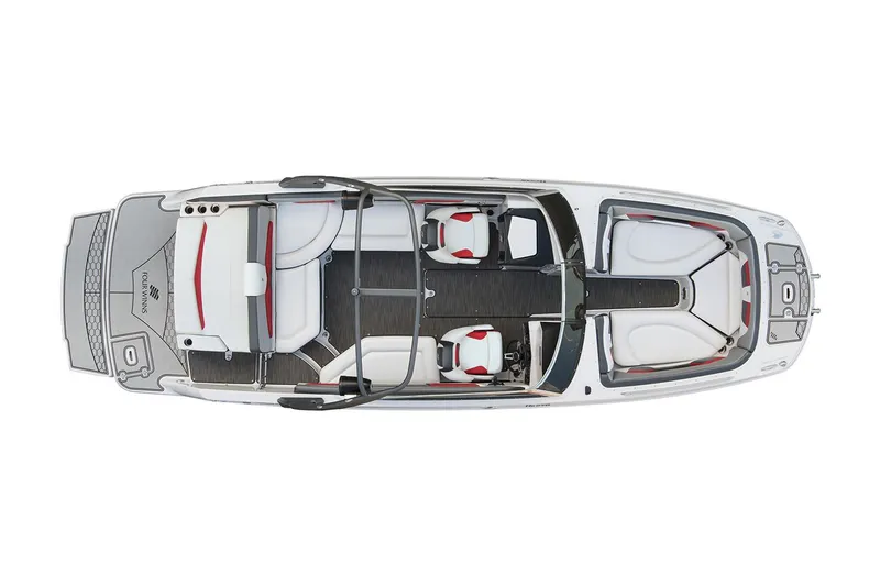 Slide: The Image of 2020 Four Winns HD270 RS boat with sleek design and spacious deck under clear blue sky. - 19