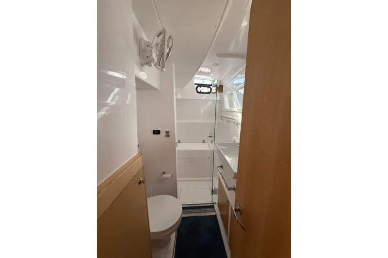 Slide: The Image of 2024 Seawind 1370 yacht bathroom with modern fixtures and sleek design. - 50