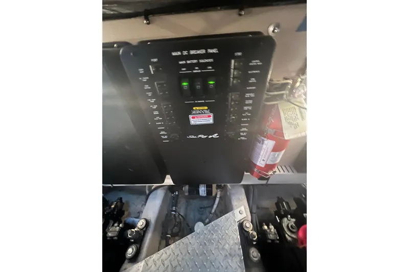 Slide: The Image of Engine room of 2005 Sea Ray 360 Sundancer with Mercury engine components. - 32