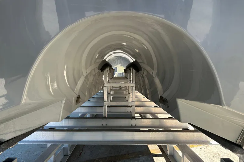 Slide: The Image of Interior view of Freeman 42LR boat hull, 2023 model, showcasing sleek design and structure. - 23