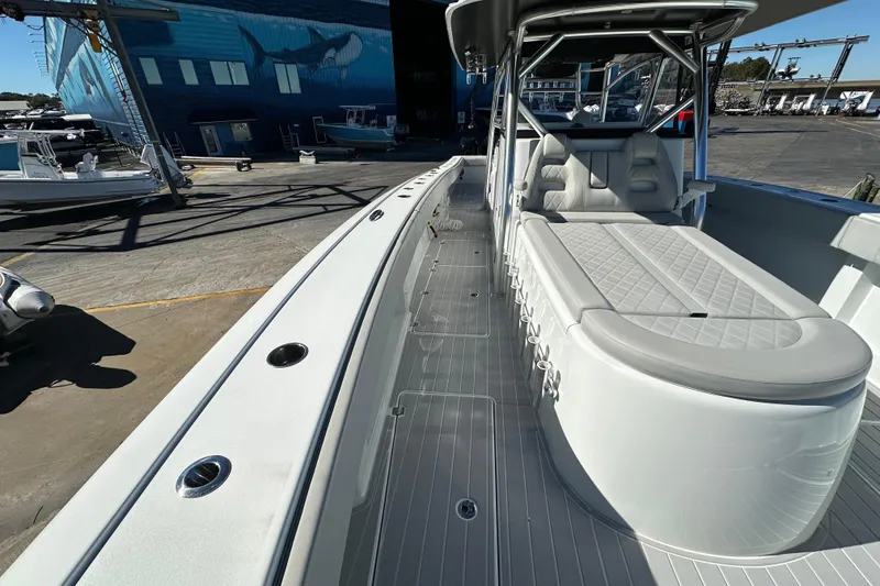 Slide: The Image of 2023 Freeman 42LR boat interior with sleek seating and modern design. - 7