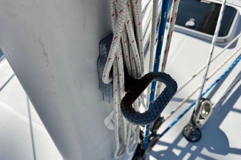Slide: The Image of Close-up of Catalina 36 MkII sailboat rigging, featuring ropes and deck hardware. - 21