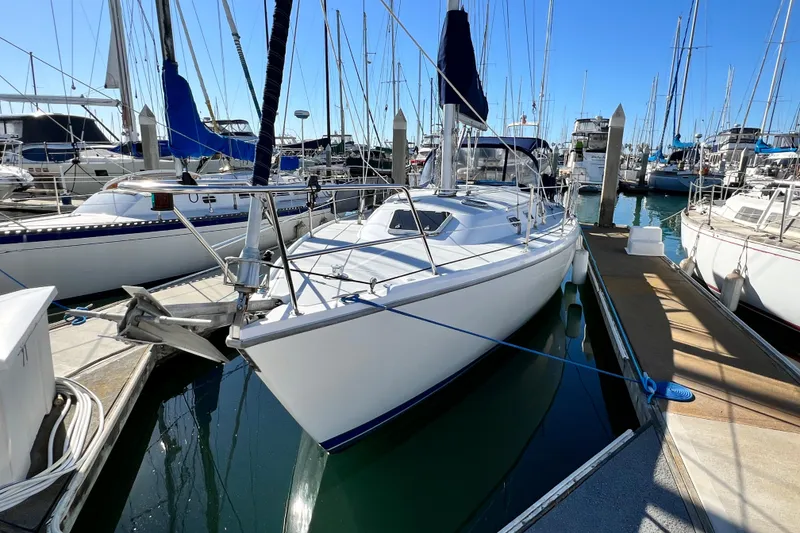 Slide: The Image of 1998 Catalina 36 MkII sailboat docked in marina under clear blue sky. - 8