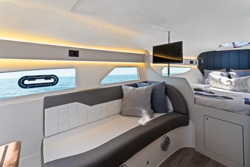 Slide: The Image of Luxurious interior of 2026 Valiatt 350 GT yacht with modern seating and ocean view. - 3