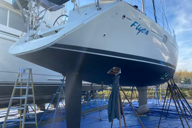Slide: The Image of Jeanneau Sun Odyssey 44i sailboat, 2010 model, on dry dock for maintenance. - 34