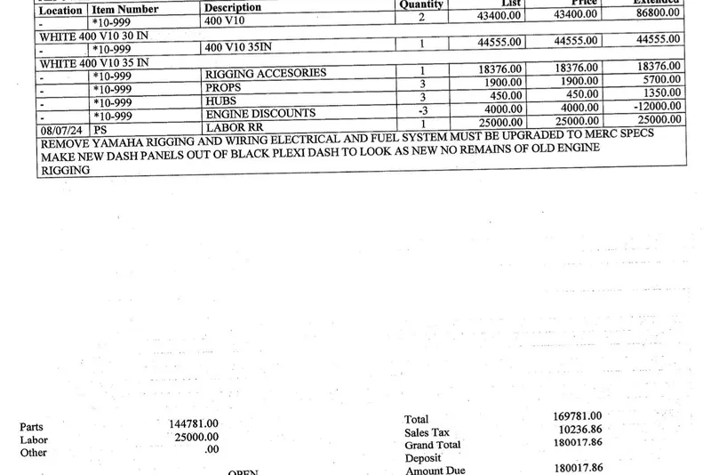 Slide: The Image of Invoice detailing parts and labor costs for 2015 Intrepid 400 Cuddy upgrades. - 37