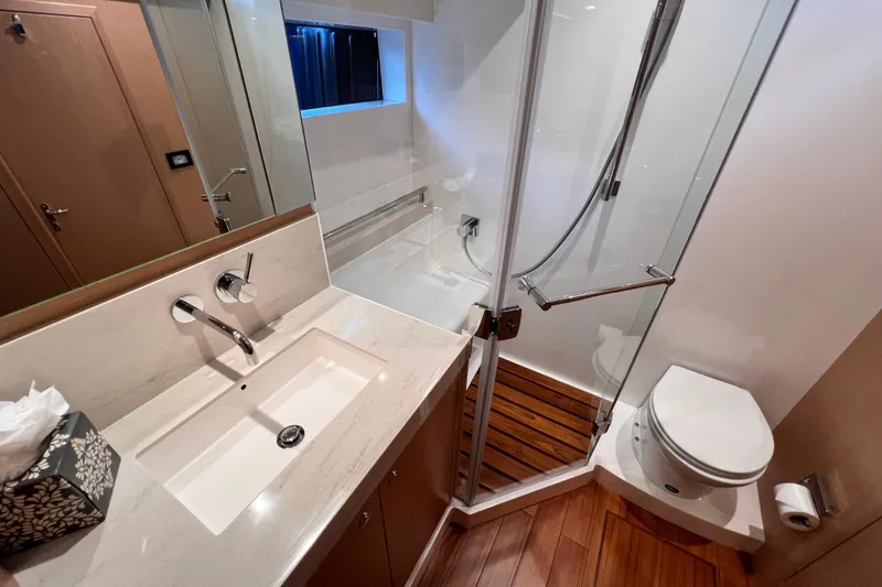 Slide: The Image of Luxurious 2024 Hylas H57 yacht bathroom with modern fixtures and elegant design. - 104
