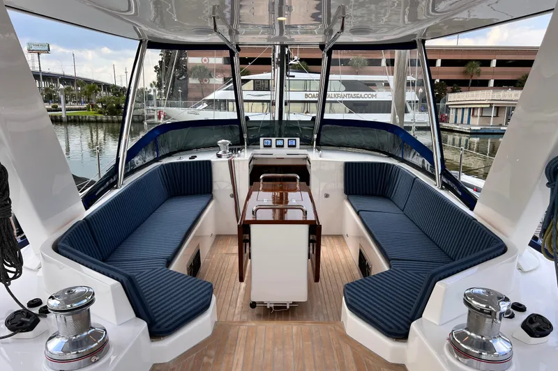 Slide: The Image of Luxurious 2024 Hylas H57 yacht cockpit with elegant seating and modern design. - 60