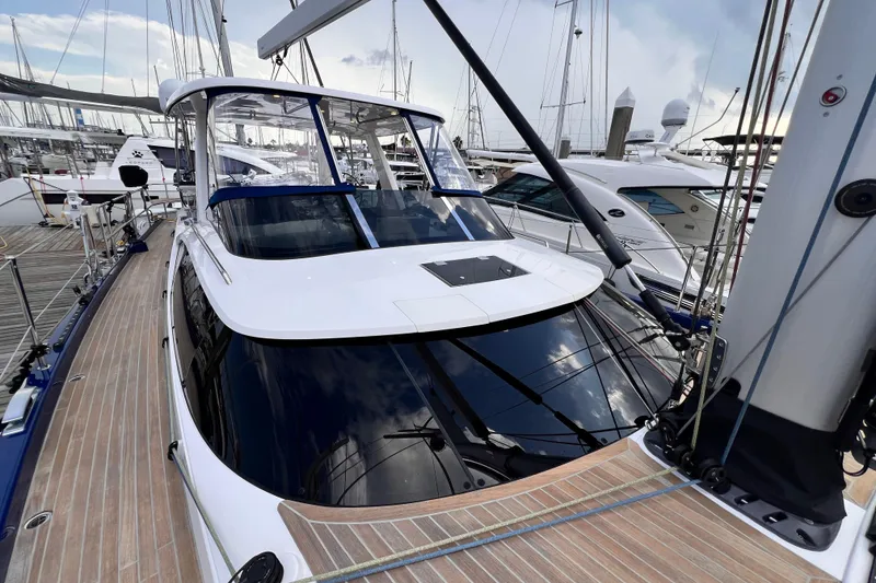Slide: The Image of 2024 Hylas H57 yacht docked, showcasing sleek design and modern features. - 70