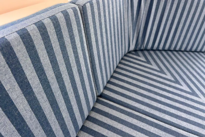 Slide: The Image of Striped upholstery on Hylas H57 yacht, 2024 model, featuring blue and white pattern. - 80