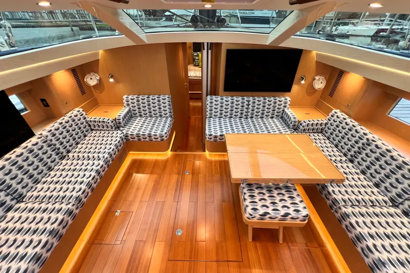 Slide: The Image of Luxurious interior of 2024 Hylas H57 yacht with patterned seating and wooden flooring. - 81