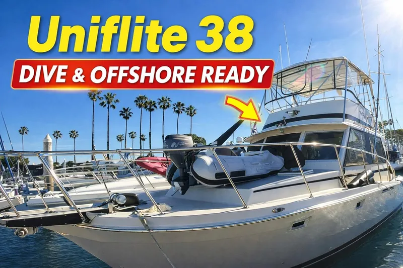 Slide: The Image of 1984 Uniflite 38 Convertible yacht, dive and offshore ready, docked with clear skies. - 35