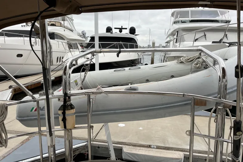 Slide: The Image of Docked Outbound 46 yacht with inflatable dinghy and throw line, 2011 model - 18