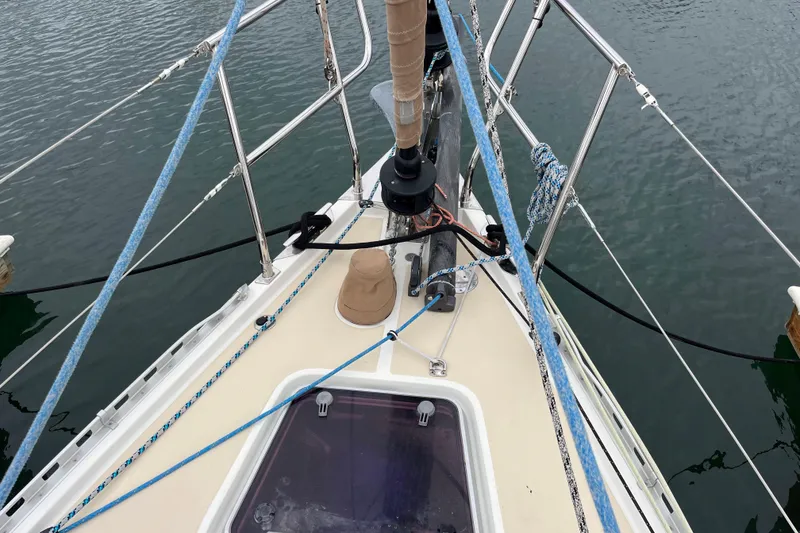 Slide: The Image of Bow of 2011 Outbound 46 sailboat with windlass and carbon bowsprit - 2
