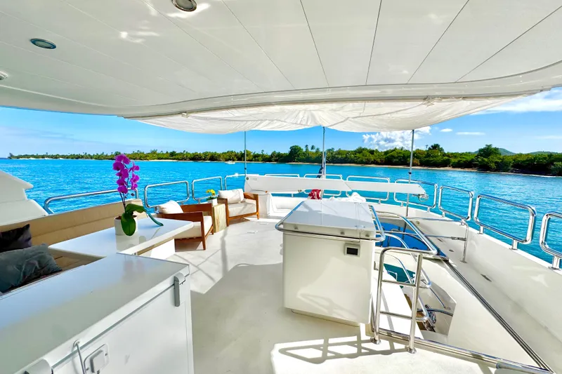 Slide: The Image of Luxurious Horizon E88 yacht deck with seating, ocean view, and vibrant orchid, 2011 model. - 80