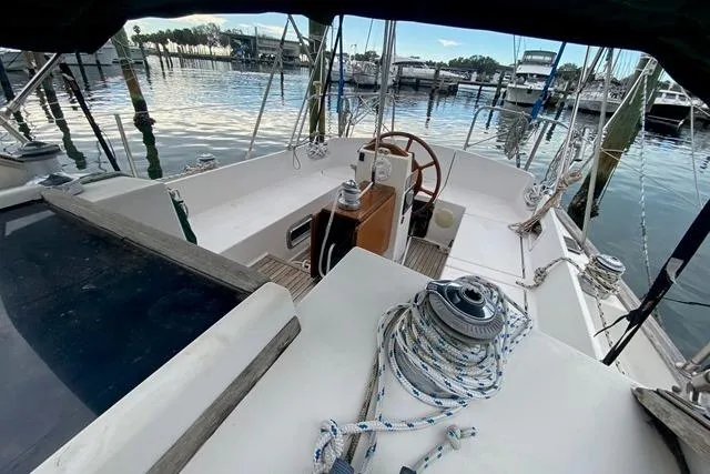 Slide: The Image of Sailboat cockpit view, Gozard 31, 1996 model, docked at marina. - 14