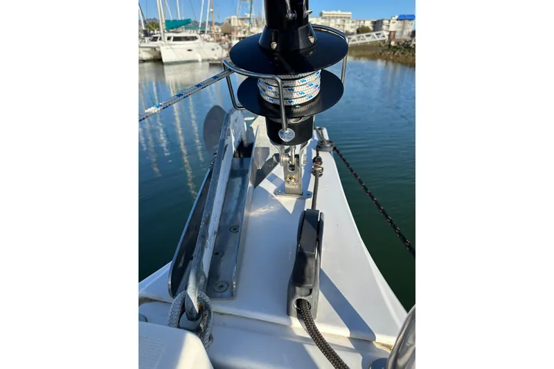 Slide: The Image of Jeanneau Sun Odyssey 349 sailboat deck detail, 2021 model, in marina setting. - 20