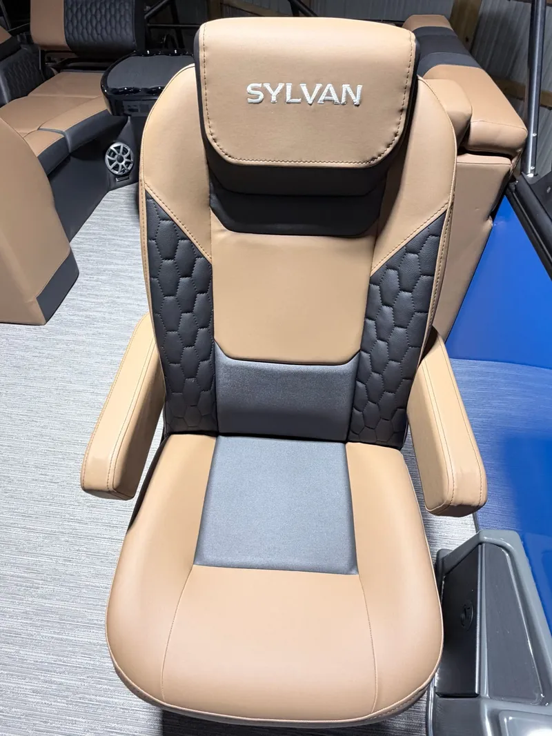 Slide: The Image of Luxurious Sylvan L5 LZ DH boat seat, 2026 model, in brown and black. - 13