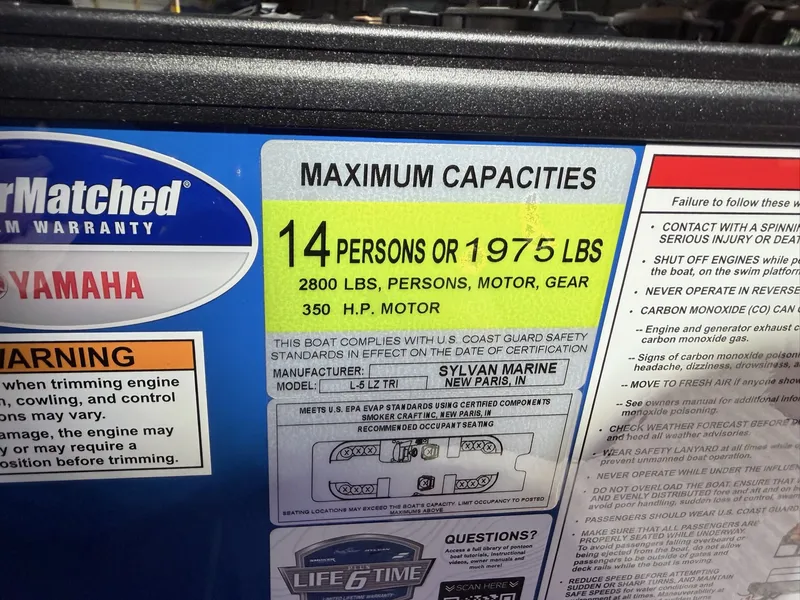 Slide: The Image of Sylvan L5 LZ DH 2026 boat capacity label, 14 persons, 1975 lbs. - 16