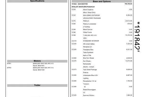 Slide: The Image of 2024 Boston Whaler 380 Outrage specifications and options list with pricing details. - 28