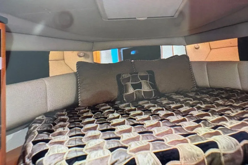 Slide: The Image of Interior cabin of 2009 Chaparral Signature 350 with patterned bedding and cushions. - 19