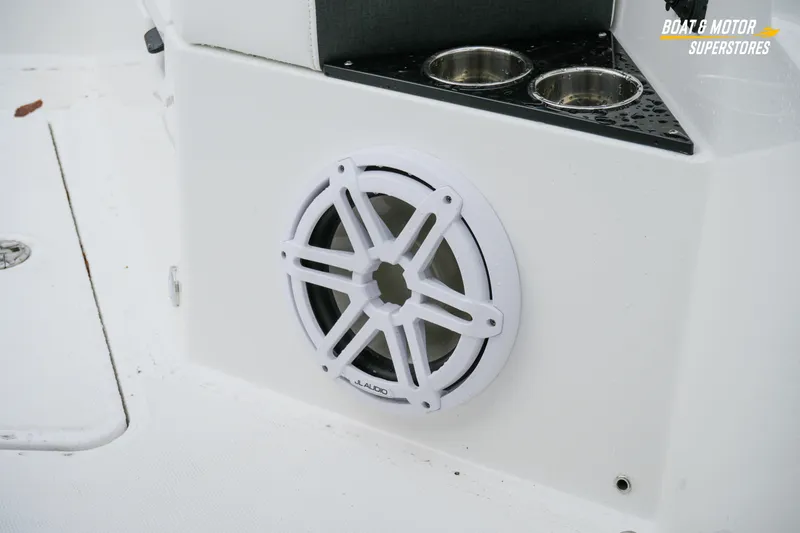 Slide: The Image of Speaker and cup holders on 2026 Blackfin 332 CC boat deck. - 31