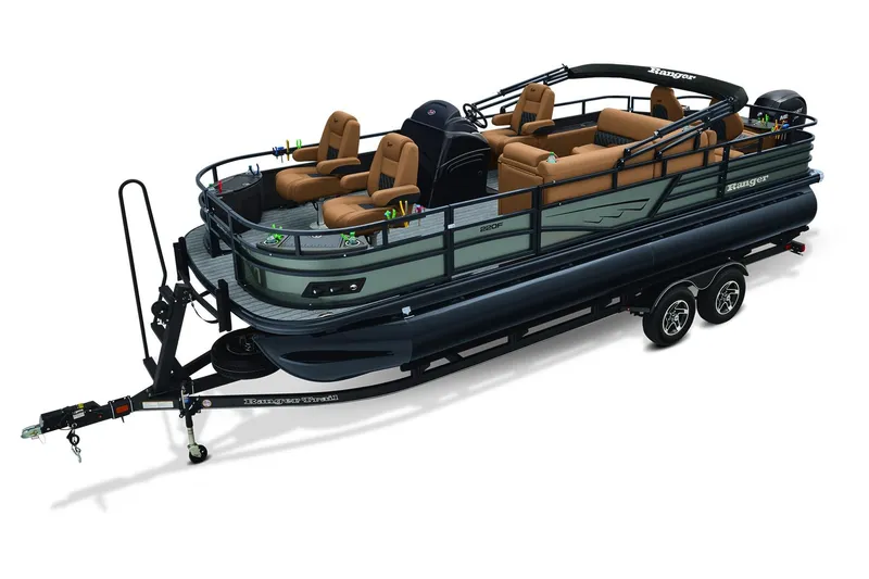 The Image of 2026 Ranger 220F pontoon boat on trailer, red and black design, parked outdoors. - 0