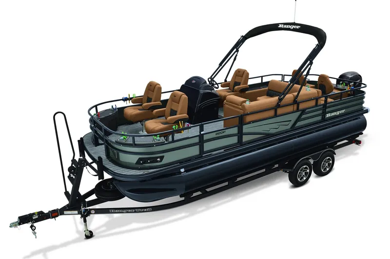 Slide: The Image of 2026 Ranger 220F pontoon boat with red and black design, parked on a trailer. - 1