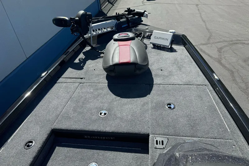 Slide: The Image of 2026 Ranger RT178 boat deck with Garmin equipment and Minn Kota trolling motor. - 15