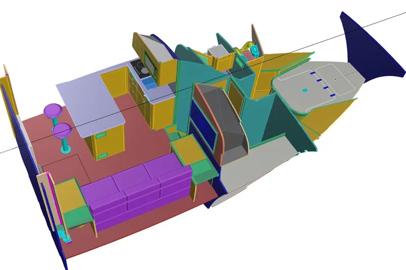 Slide: The Image of 3D model of 2026 Weaver Sportfish boat interior layout, featuring kitchen and seating areas. - 6