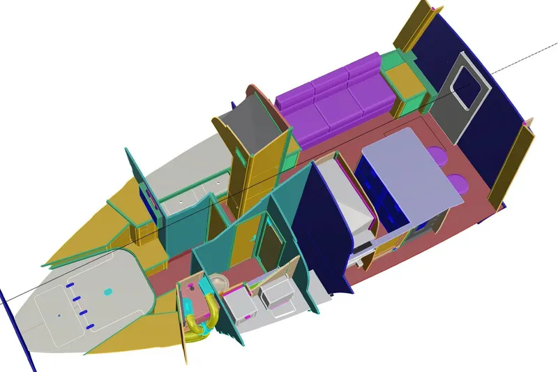 Slide: The Image of 3D layout of 2026 Weaver Sportfish boat interior, showcasing colorful cabin design. - 9