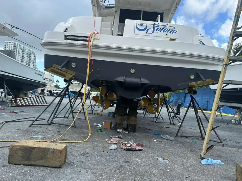 Slide: The Image of 2007 Sea Ray 36 Sedan Bridge docked for maintenance. - 43