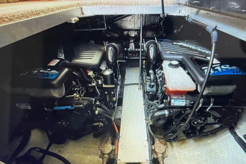 Slide: The Image of Engine room of 2006 Cruisers Yachts 385 Motoryacht, featuring dual engines. - 25