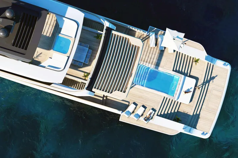 Slide: The Image of Aerial view of RMK Yachts Orca 58M, 2026 model, featuring luxurious deck and pool. - 5