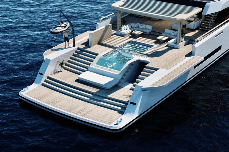 Slide: The Image of Luxurious RMK Yachts Orca 58M 2026 with pool and spacious deck on the ocean. - 6