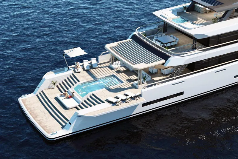 Slide: The Image of Luxurious RMK Yachts Orca 58M 2026 model with pool and sun deck on open sea. - 7